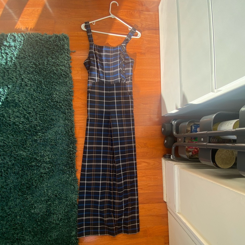 women’s blue plaid jumpsuit